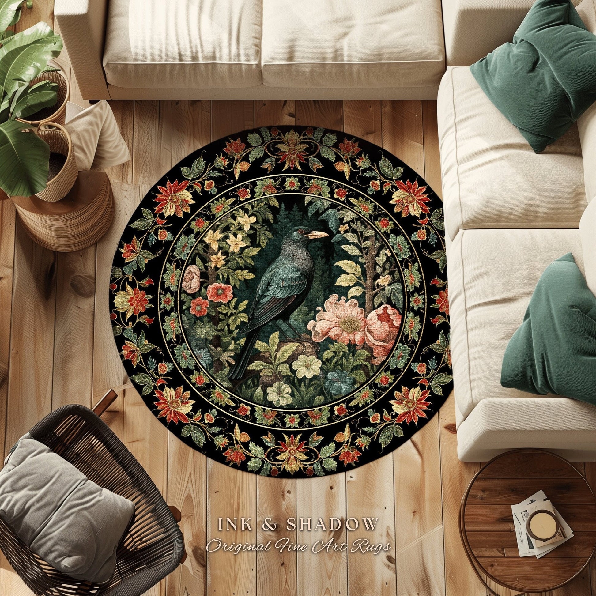 Woodland Gothic Raven Rug Dark Botanical Cottagecore Crow Decor | Whimsical Dark Floral Fairycore Bird Lovers Gift Whimsigothic Round Rug