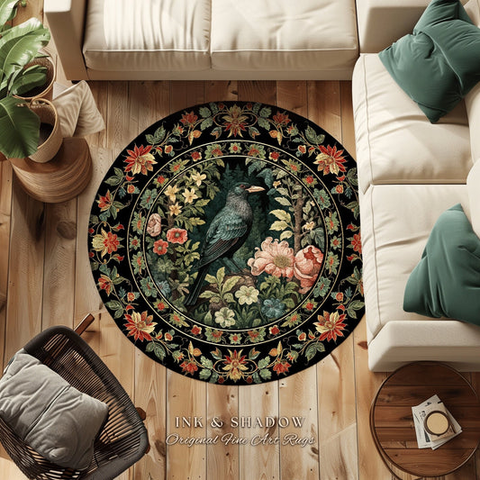 Woodland Gothic Raven Rug Dark Botanical Cottagecore Crow Decor | Whimsical Dark Floral Fairycore Bird Lovers Gift Whimsigothic Round Rug