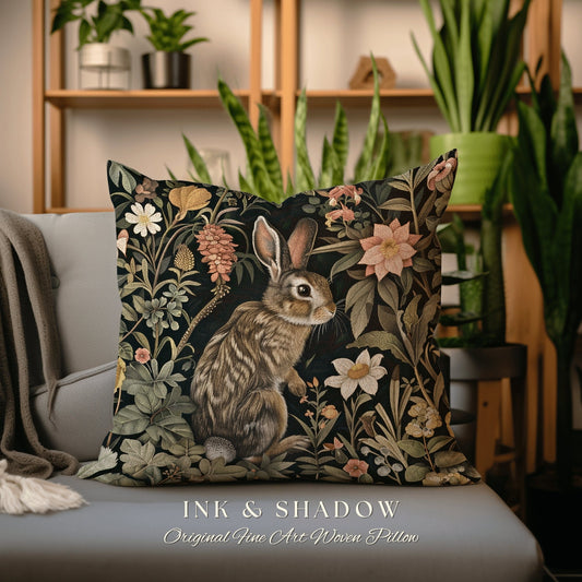 Garden Bunny Rabbit Pillow | Cottagecore Couch Cushion William Morris Throw Woodland Bunny Decor Spring Botanical Rabbit Fairycore Book Nook