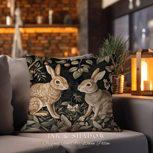 Cottagecore Bunnies Throw Pillow | Couch Cushion William Morris Throw Woodland Bunny Decor Spring Botanical Rabbit Fairycore Book Nook