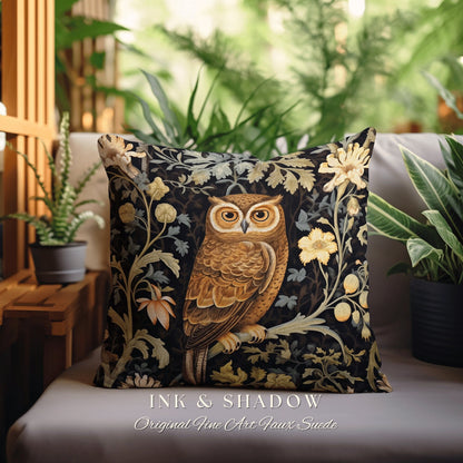 Whimsigoth Owl Woven Pillow | Whimsical William Morris Inspired Boho Aesthetic Botanical Spring Decorating Pillow Woven Victorian Owl |