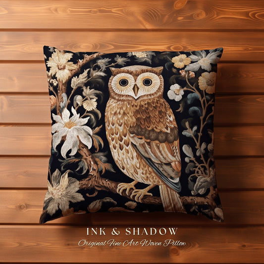 Cottagecore Owl Throw Pillow | Whimsigoth William Morris Inspired Throw Pillow Aesthetic Goth Woven Pillow Victorian Fairy Core Decor Floral