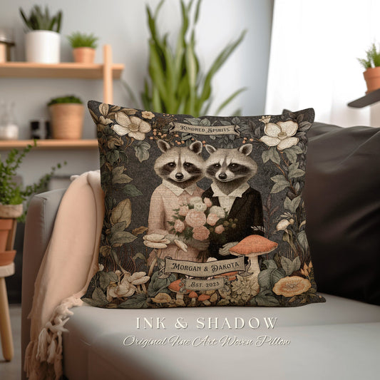 Wedding Gift Personalized Pillow | Cottagecore Decor Custom Dating Anniversary Meaningful Couple Gift Housewarming Pillow Raccoon Couple |