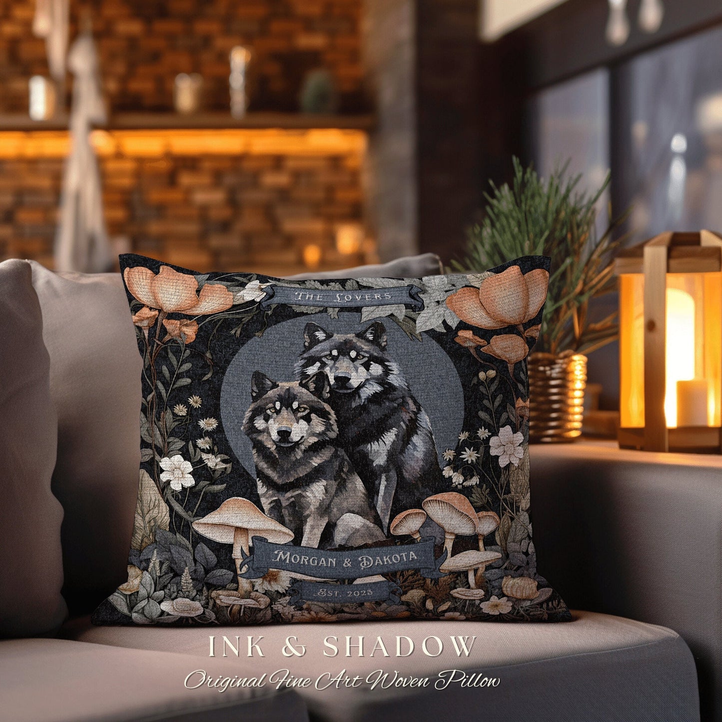 Wolf Couple Custom Anniversary Gift | Celestial Decor Custom Dating Anniversary Thoughtful Housewarming Pillow Cottagecore Wolf Couple Gift