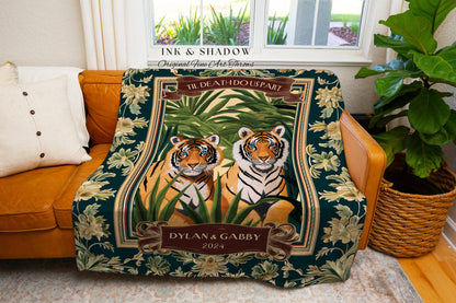 Elegant Tiger Couple Lovers Blanket | Woven Cotton Tapestry 2 Year Anniversary Gift Throw Personalized His & Hers Names Custom Jungle Throw