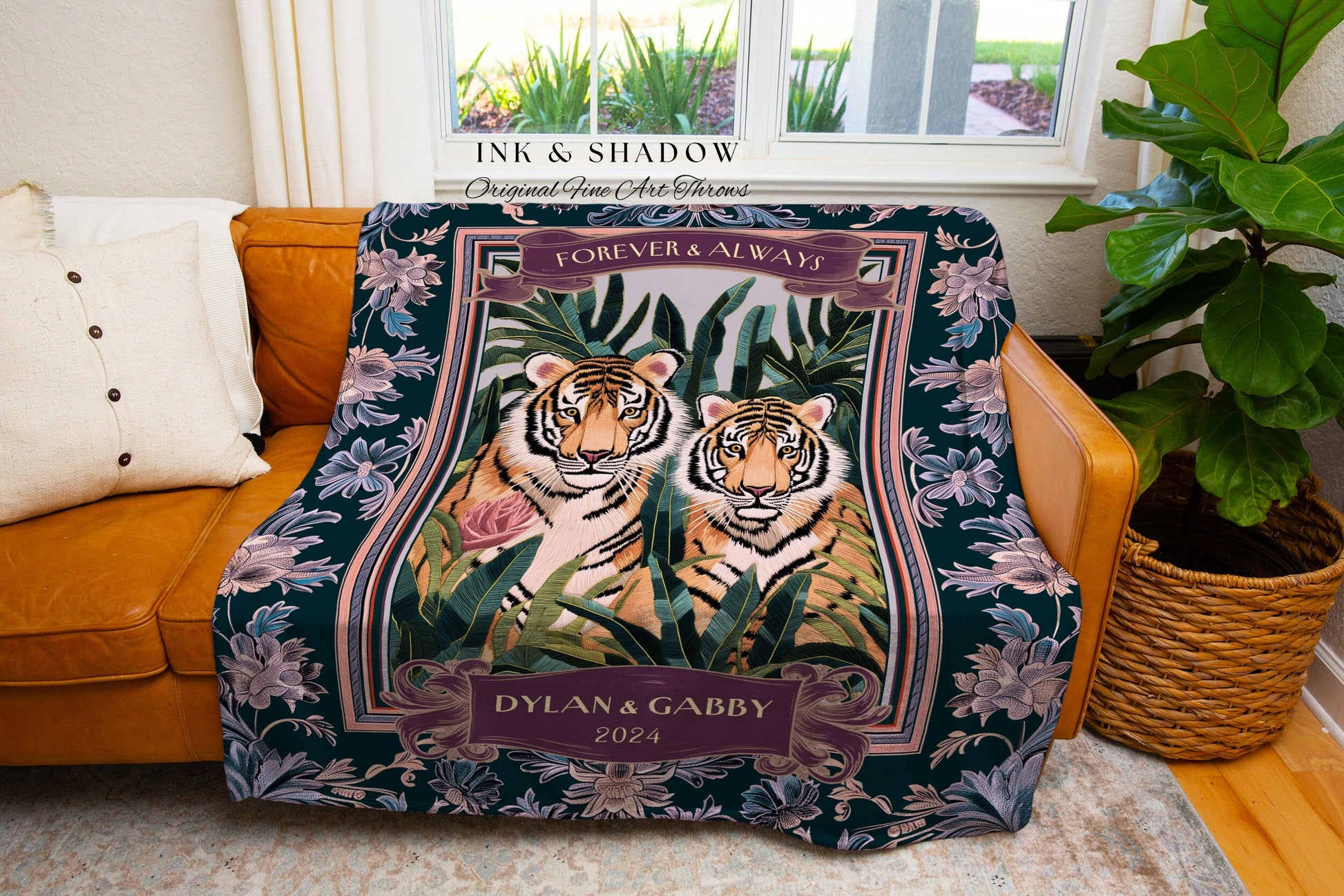 Ethereal Jungle Couple Romantic Anniversary Gift | Woven Cotton Blanket Wedding Custom Gift Throw Personalized His & Her Names Cute Tapestry