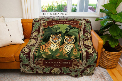 Botanical Tiger Couple Cozy Anniversary Gift | Personalized Woven Blanket Wedding Custom Gift Throw Custom His & Her Names Cute Tapestry |