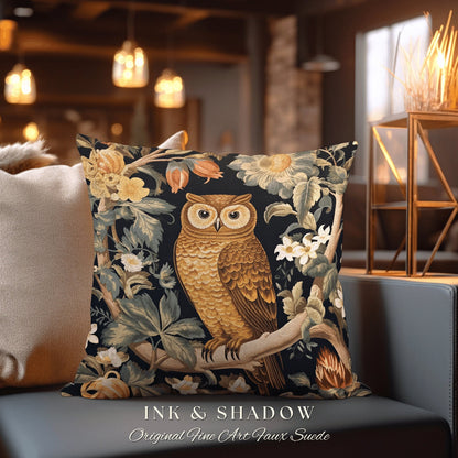 Owl Pillow Eclectic Home Decor | Whimsical William Morris Inspired Boho Aesthetic Botanical Spring Decorating Pillow Woven Victorian Owl |