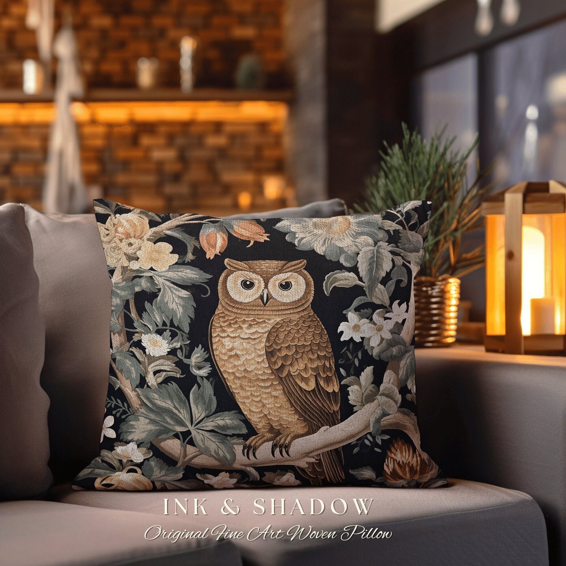 Owl Pillow Eclectic Home Decor | Whimsical William Morris Inspired Boho Aesthetic Botanical Spring Decorating Pillow Woven Victorian Owl |