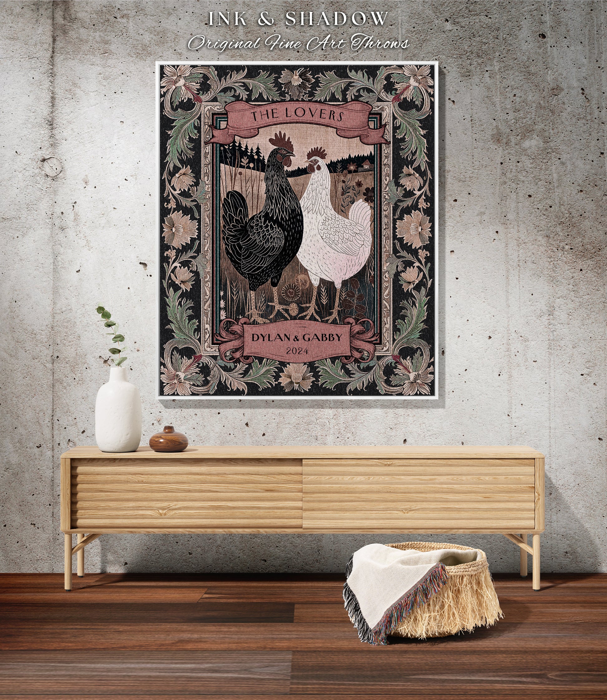 Rooster and Hen Personalized Couple Blanket | Rustic Farmhouse Tapestry Wedding Western Aesthetic Mr and Mrs Custom Woven Anniversary Gift |