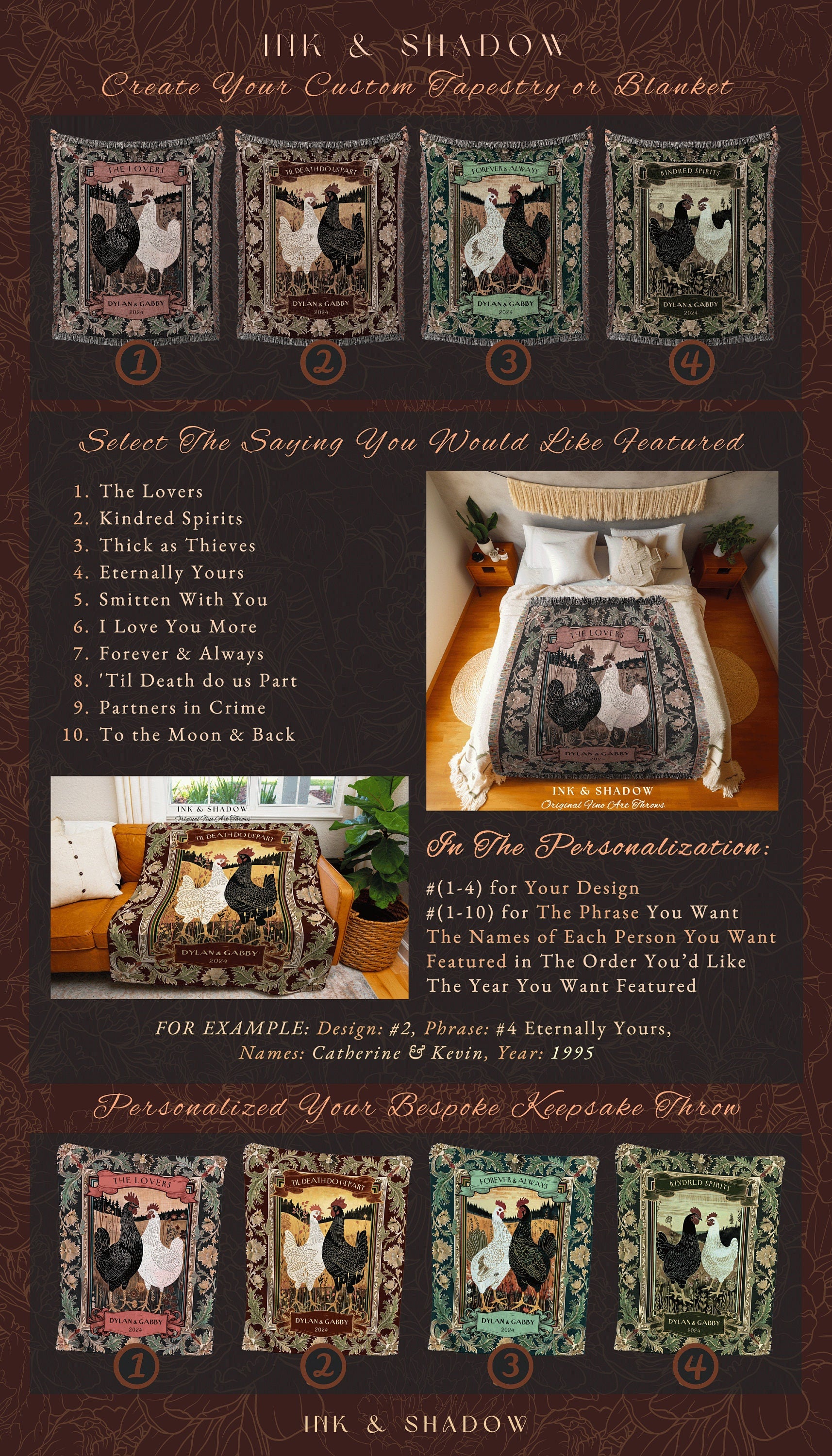 Dark Romantic Chicken Throw Blanket | Western Wedding Farmhouse Aesthetic His & Hers Custom Woven Tapestry Retro Chicken Couple Anniversary