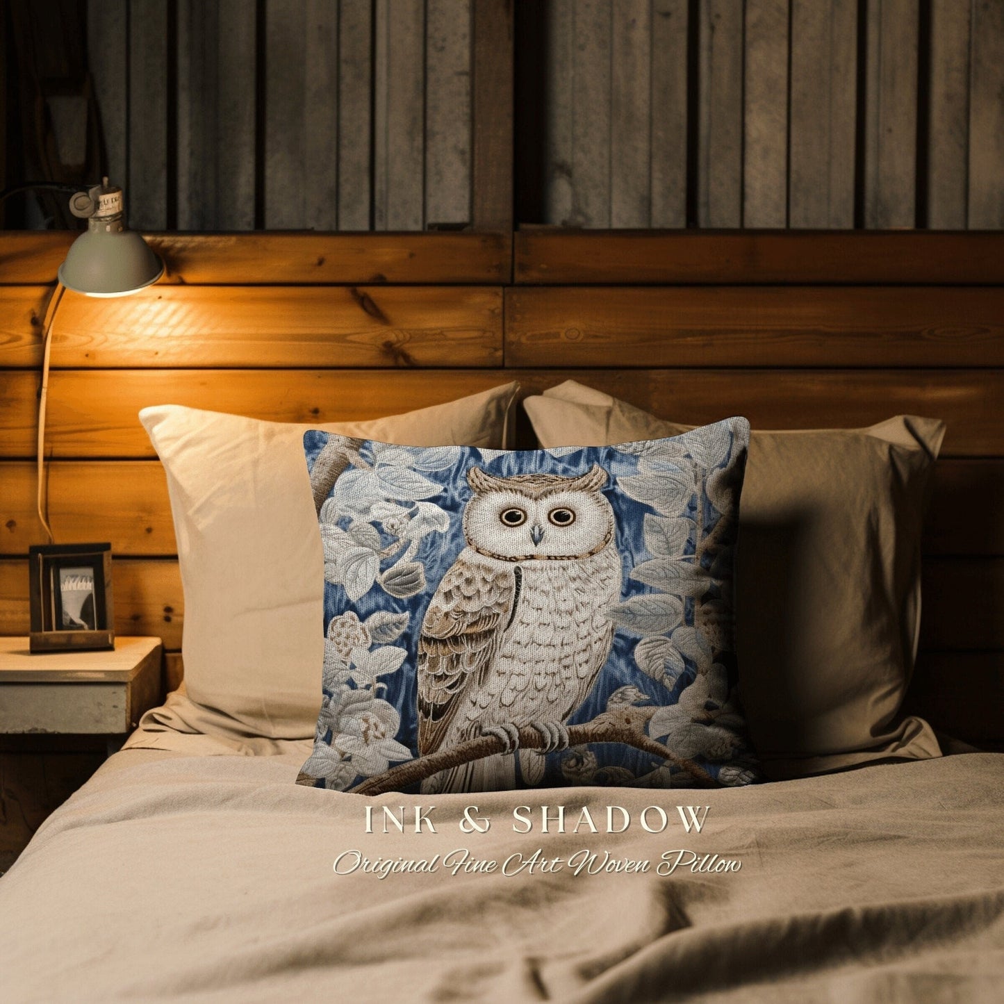 Pastel Blue Owl Woven Pillow | Whimsical William Morris Inspired Boho Aesthetic Botanical Spring Decorating Pillow Woven Victorian Owl Decor