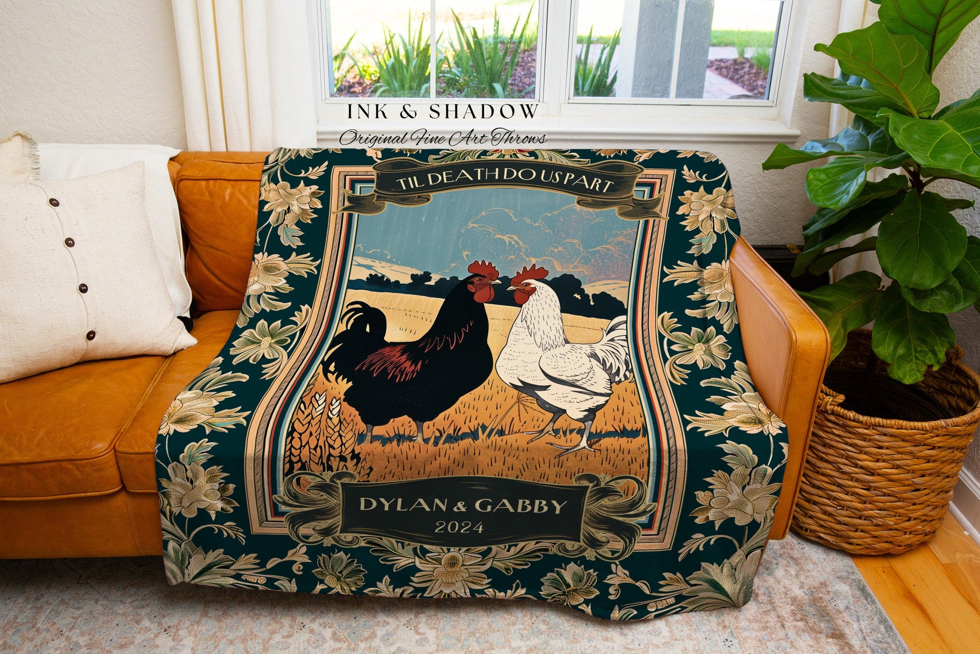 Chicken Lovers Personalized Throw Blanket | Farmhouse Aesthetic Mr & Mrs Custom Woven Tapestry Retro Chicken Couple Anniversary Gift for Him