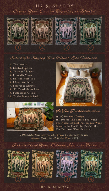 Botanical Jungle Elephant Couple Blanket | Woven Tapestry Wedding Throw Personalized His & Hers Names Custom Anniversary Gift Cute Custom |