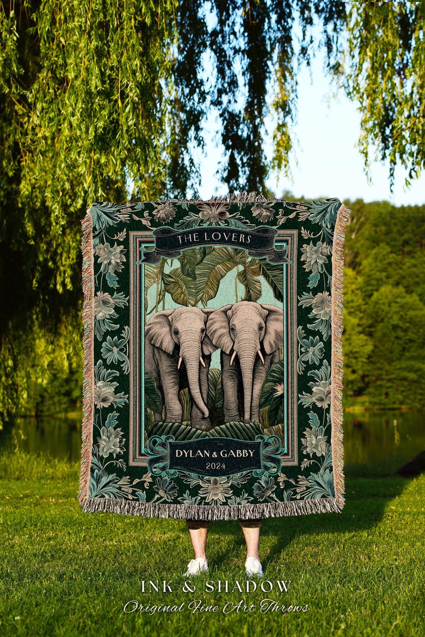 Botanical Jungle Elephant Couple Blanket | Woven Tapestry Wedding Throw Personalized His & Hers Names Custom Anniversary Gift Cute Custom |