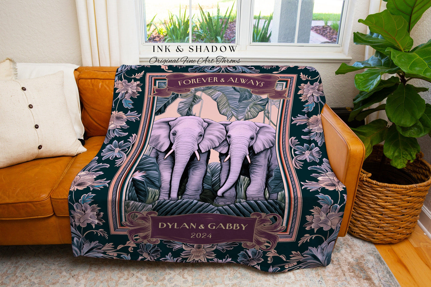 Pastel Elephant Couple Personalized Blanket | Woven Tapestry Wedding Throw Meaningful His & Hers Names Custom Anniversary Gift Custom Jungle