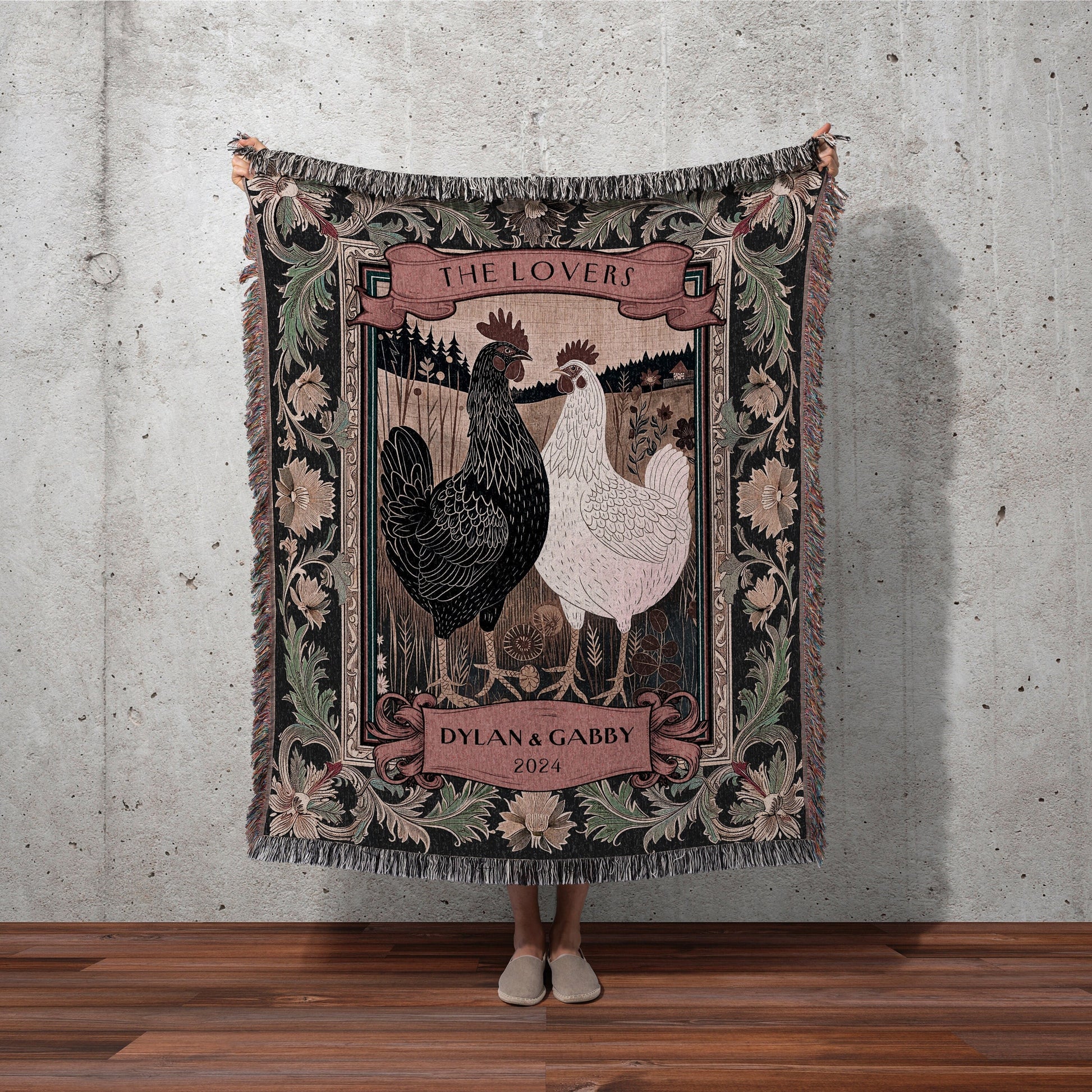 Rooster and Hen Personalized Couple Blanket | Rustic Farmhouse Tapestry Wedding Western Aesthetic Mr and Mrs Custom Woven Anniversary Gift |