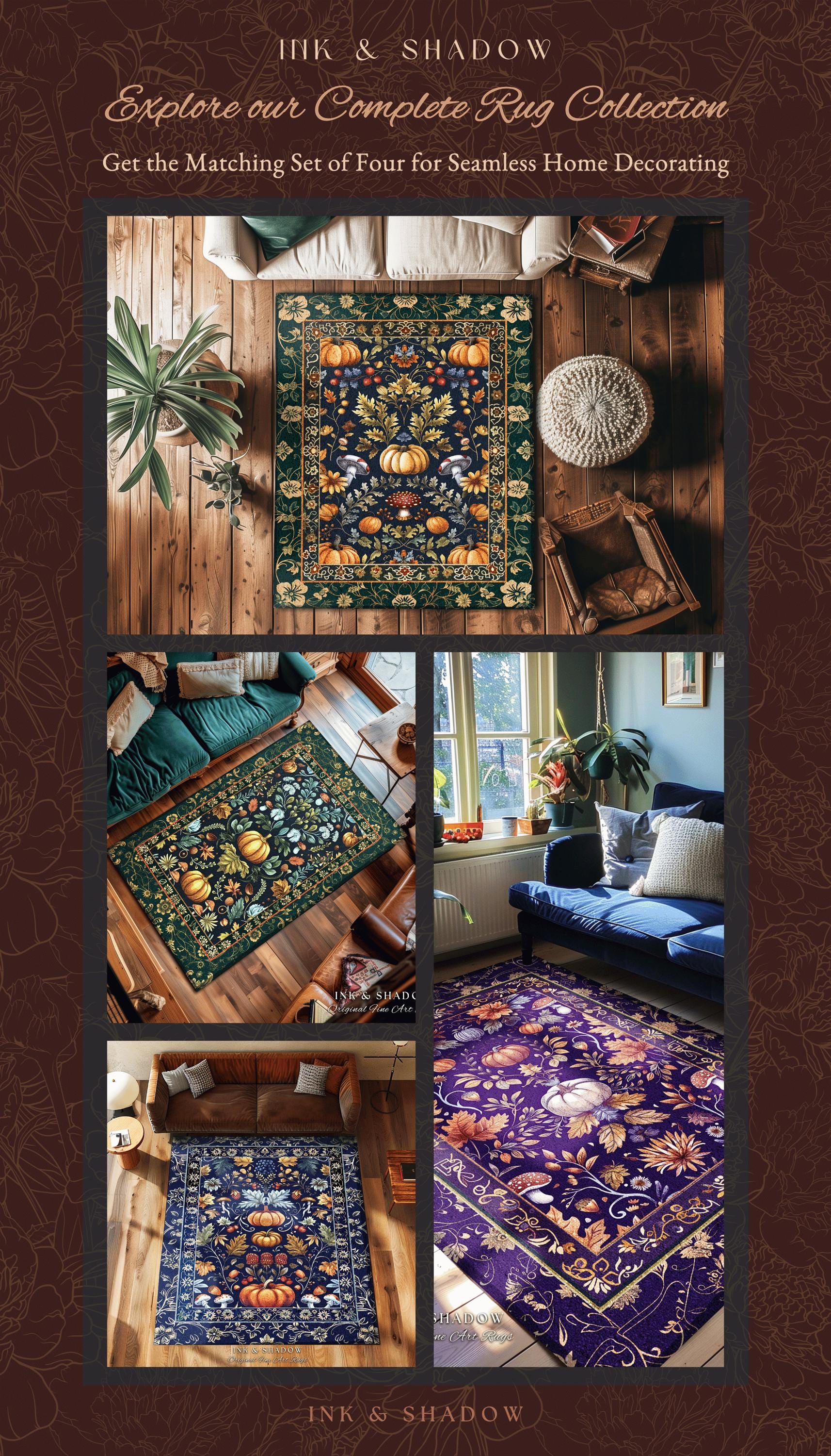 Dark Cottagecore Pumpkin Rug Autumn Victorian Gothic Floral Decor | Whimsical Dark Botanical Rug Forestcore Pumpkin Decor Vintage Aesthetic
