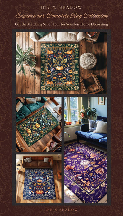 Dark Cottagecore Pumpkin Rug Autumn Victorian Gothic Floral Decor | Whimsical Dark Botanical Rug Forestcore Pumpkin Decor Vintage Aesthetic