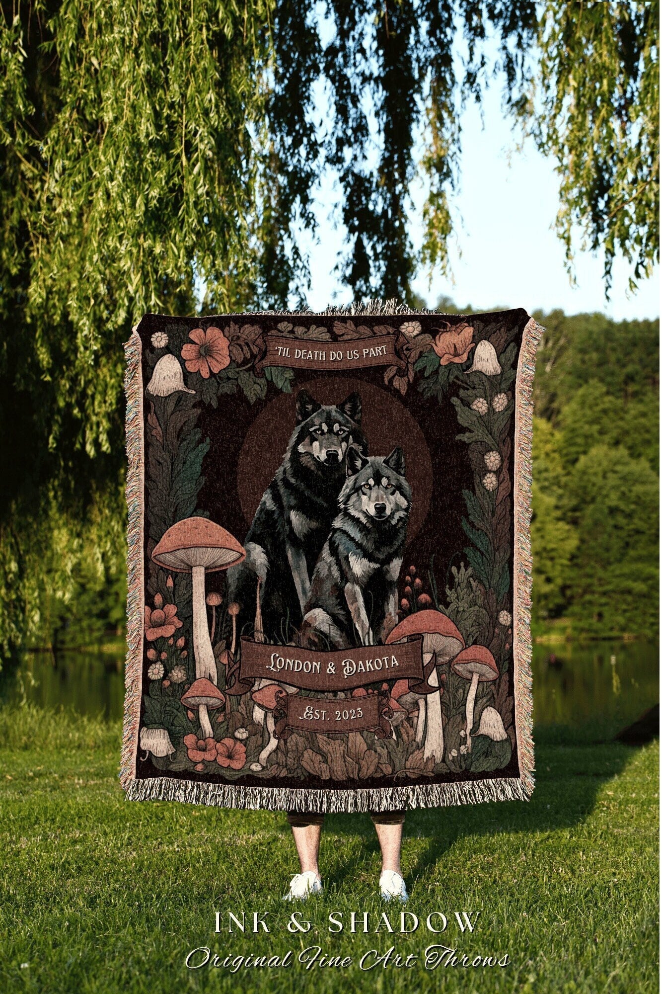 Woodland Wolf Couple Blanket Outdoorsy Couple Anniversary Gift Personalized Best Friend Blanket Dark Botanical Cottagecore Boho Tapestry