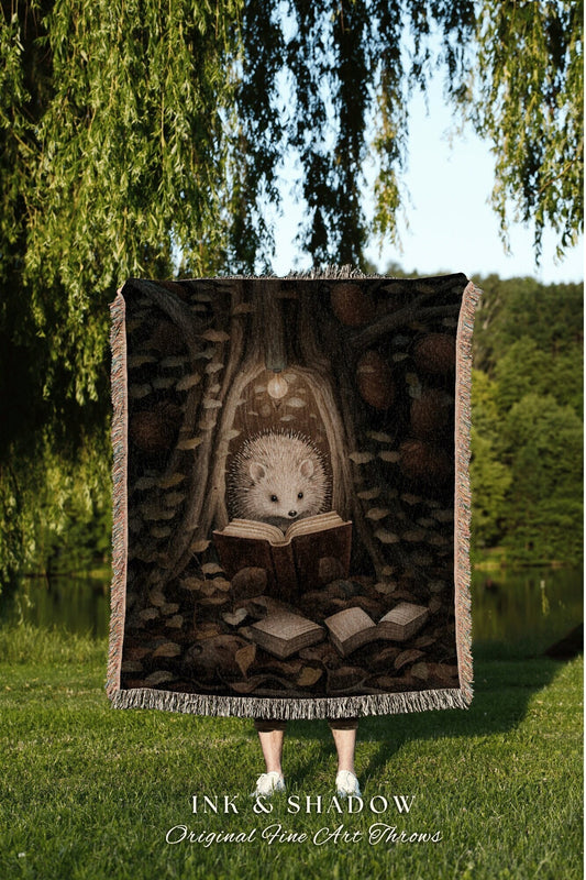 Hedge Hog Book Nook Blanket | Forestcore Dark Woodland Cottagecore Tapestry Woven Mystical Bookish Gift for Reader Cozy Throw Hedgehog Lover