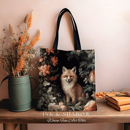 Dark Botanical Fox Tote Woven | William Morris Inspired Tote Bag Aesthetic Mystical Tapestry Bag Woven Victorian Fairycore Fox Folklore Bag