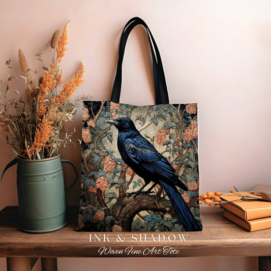 Crowcore Gothic Tote Bag | William Morris Inspired Raven Tote Bag Crow Core Satchel Maximalist Tapestry Tote Woven Witchy Fairy Aesthetic |