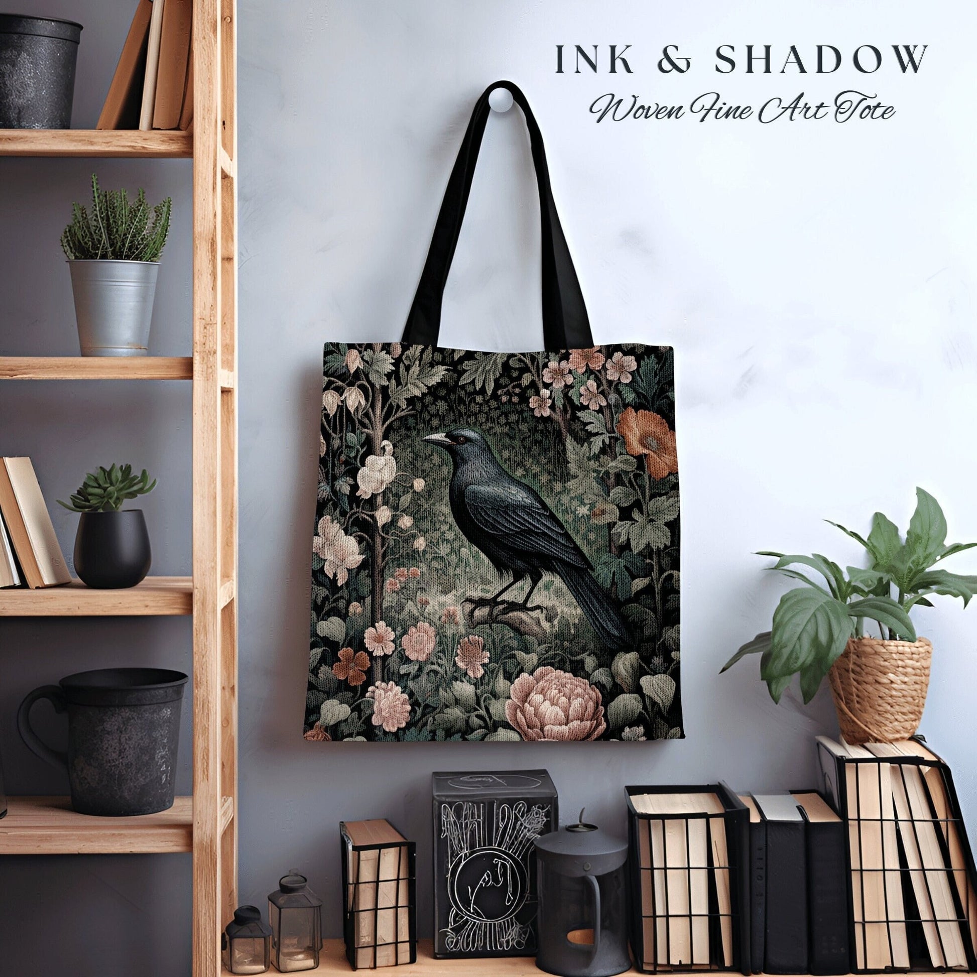 Floral Gothic Woven Tapestry Tote | Gothic Tote William Morris Inspired Raven Tote Bag Crow Core Satchel Maximalist Tapestry Dark Botanical