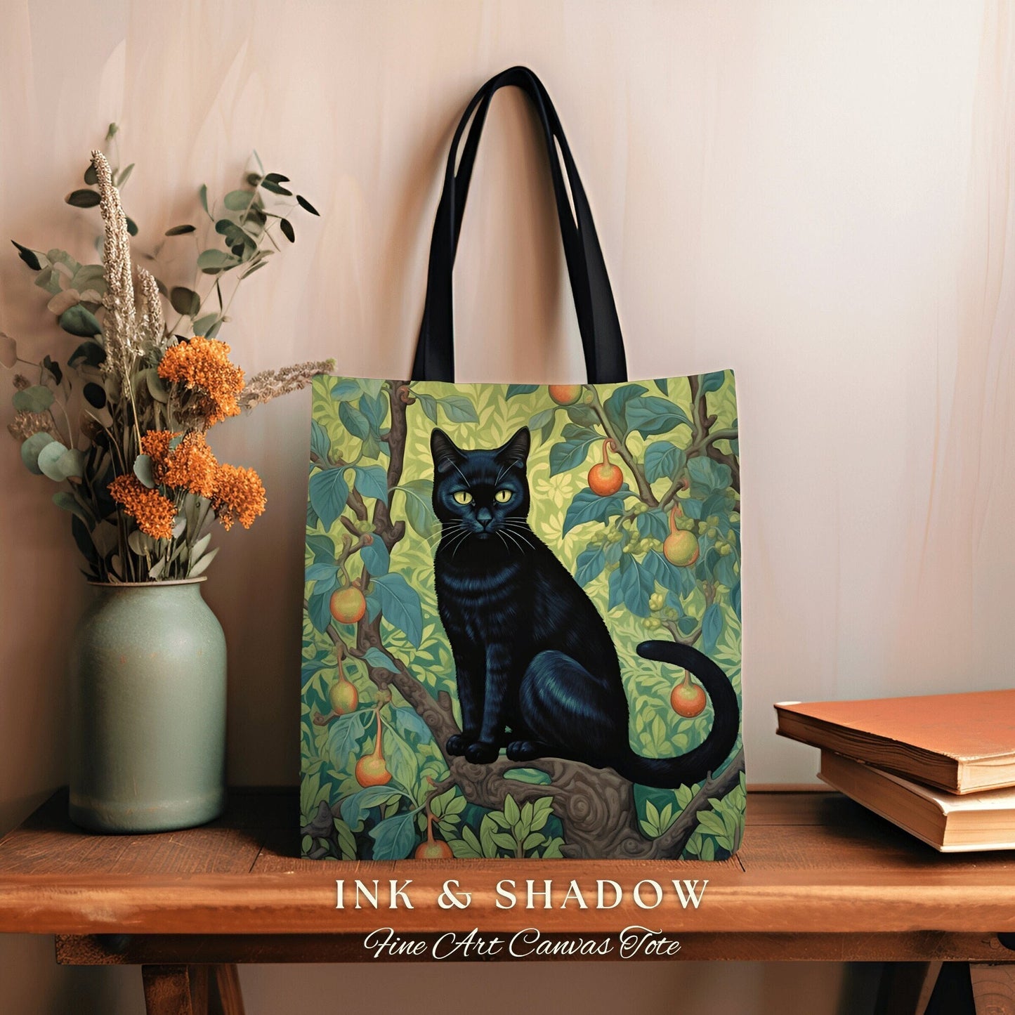 Black Cat Gothic Handbag Botanical | Dark Academia William Morris Inspired Tote Bag Aesthetic Cat Lover Tapestry Bag Woven Victorian Cat Bag