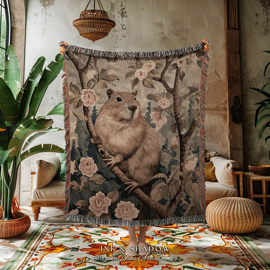 Capybara Floral Woven Blanket | Pastel Woodland Aesthetic Cottagecore Tapestry Woven Mystical Book Nook Gift for Reader Cute Woodland Throw