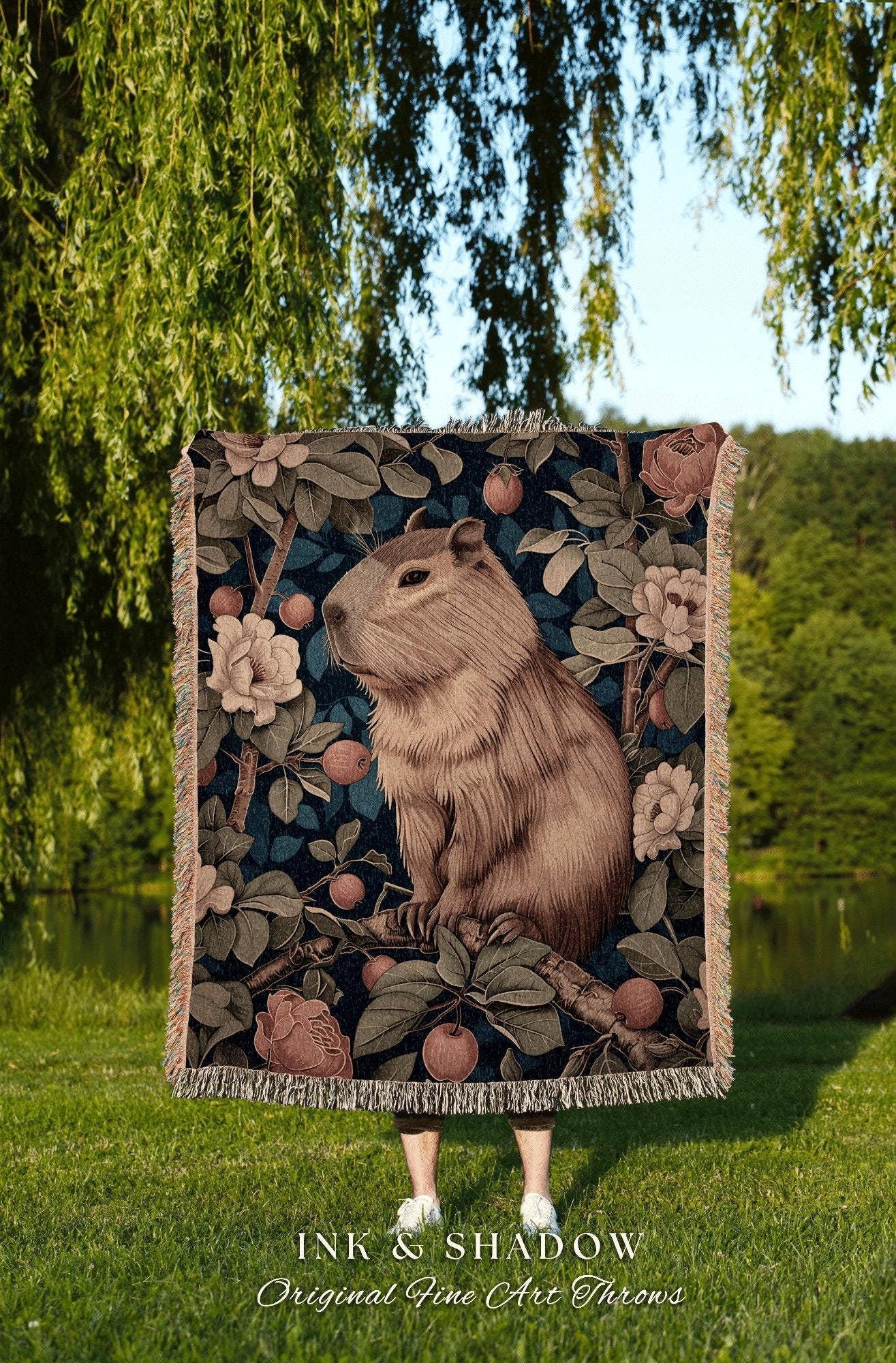 Wildflower Capybara Woven Blanket | Pastel Aesthetic Whimsical Tapestry Woven Mystical Book Nook Gift for Reader Woodland Capybara Throw