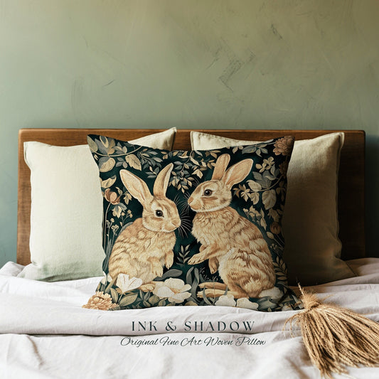 Woodland Bunnies Botanical Throw Pillow | Couch Cushion William Morris Throw Cottagecore Bunny Decor Rustic Spring Rabbit Pastel Art Boho