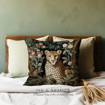 Woven Cheetah Pillow | Dark Academia Tapestry Pillow William Morris Cushion Woodland Gothic Botanical Jungle Aesthetic Leopard Home Decor