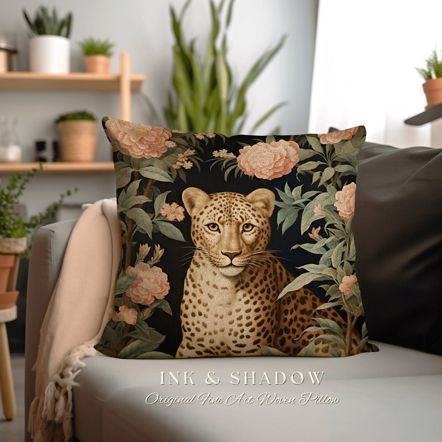 Cheetah Floral Throw Pillow | Dark Academia Tapestry Pillow William Morris Cushion Woodland Gothic Botanical Jungle Aesthetic Leopard Decor