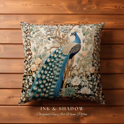 Woodland Gothic Victorian Whimsy Peacock Pillow Cottagecore Accent, Baroque Fairycore Botanical Woven Tapestry Cushion Forestcore Bird Decor