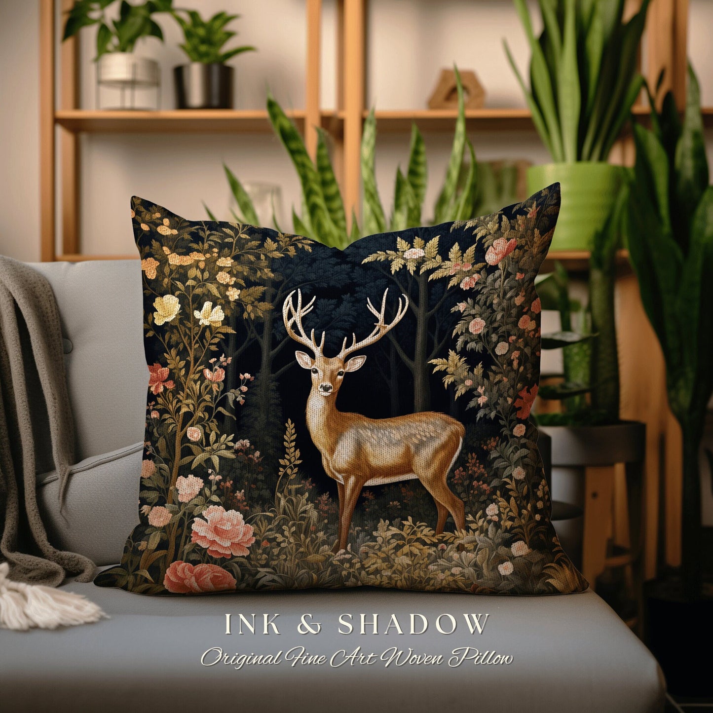 Woodland Floral Deer Pillow | Folklore Aesthetic Couch Cushion Woven William Morris Decor Dark Fairycore Gothic Botanical Woodland Spirit |