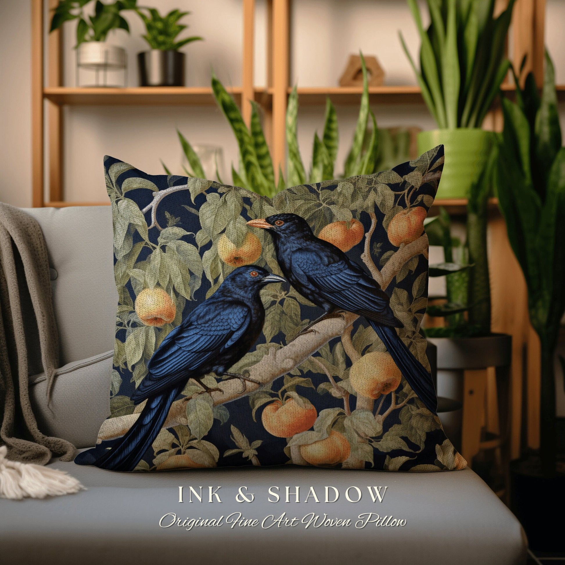 Blue Jungle Birds Forestcore Pillow Gothic Botanical Accent William Morris Art Style, Raven Decor Crowcore Tapestry Cushion Rustic Woodland