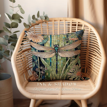 Bright Floral Dragonfly Pillow | Dragon Fly Cushion Woodland Forest Gift for Her Stained Glass Aesthetic Botanical Gothic Decor Whimsical |