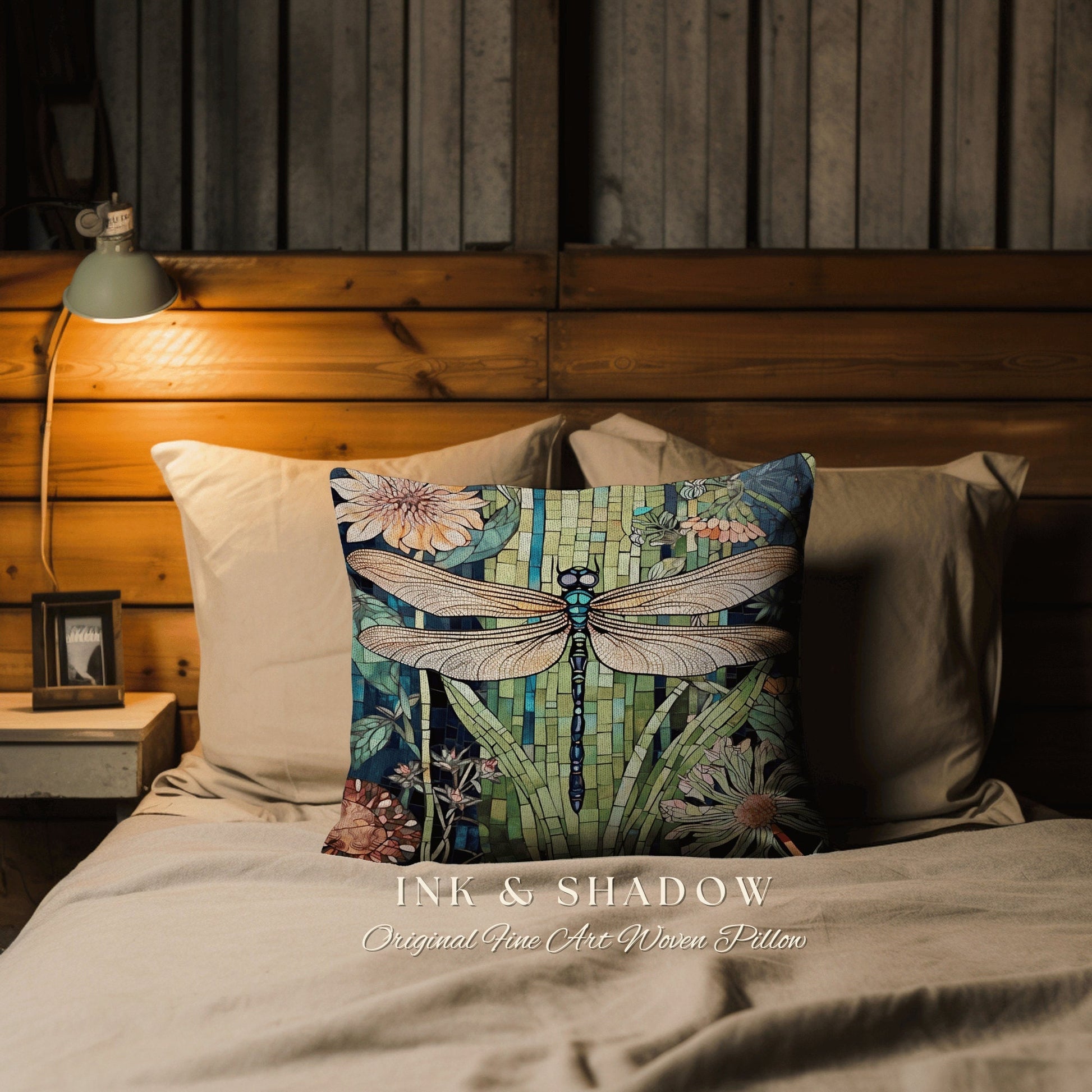 Bright Floral Dragonfly Pillow | Dragon Fly Cushion Woodland Forest Gift for Her Stained Glass Aesthetic Botanical Gothic Decor Whimsical |