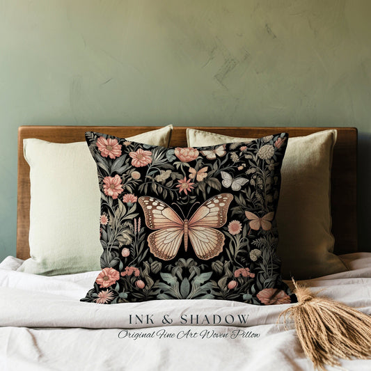 Cottagecore Butterfly Pillow | Woodland Maximalist Cushion Woven Decor William Morris Style Forestcore Bedroom Dark Academia Moth