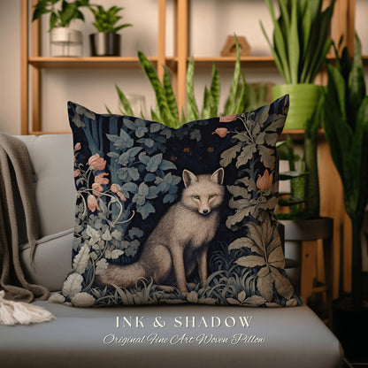 Grey Fox Pillow Botanical Gothic | Dark Academia William Morris Inspired Cushion Goth Aesthetic Medieval Woven Pillow Victorian Fox Decor |