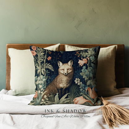 Medieval Fox Pillow Decorative Floral Dark Academia Forestcore Decor | Vintage Aesthetic Dark Cottagecore Botanical Fox Woven Throw Pillow