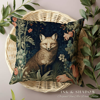 Medieval Fox Pillow Decorative Floral Dark Academia Forestcore Decor | Vintage Aesthetic Dark Cottagecore Botanical Fox Woven Throw Pillow