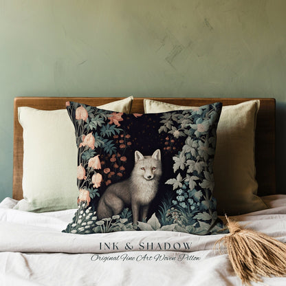 Grey Fox Pillow Woven Floral Decor | Dark Academia William Morris Inspired Pillow Aesthetic Medieval Woven Pillow Victorian Gothic Fox Decor