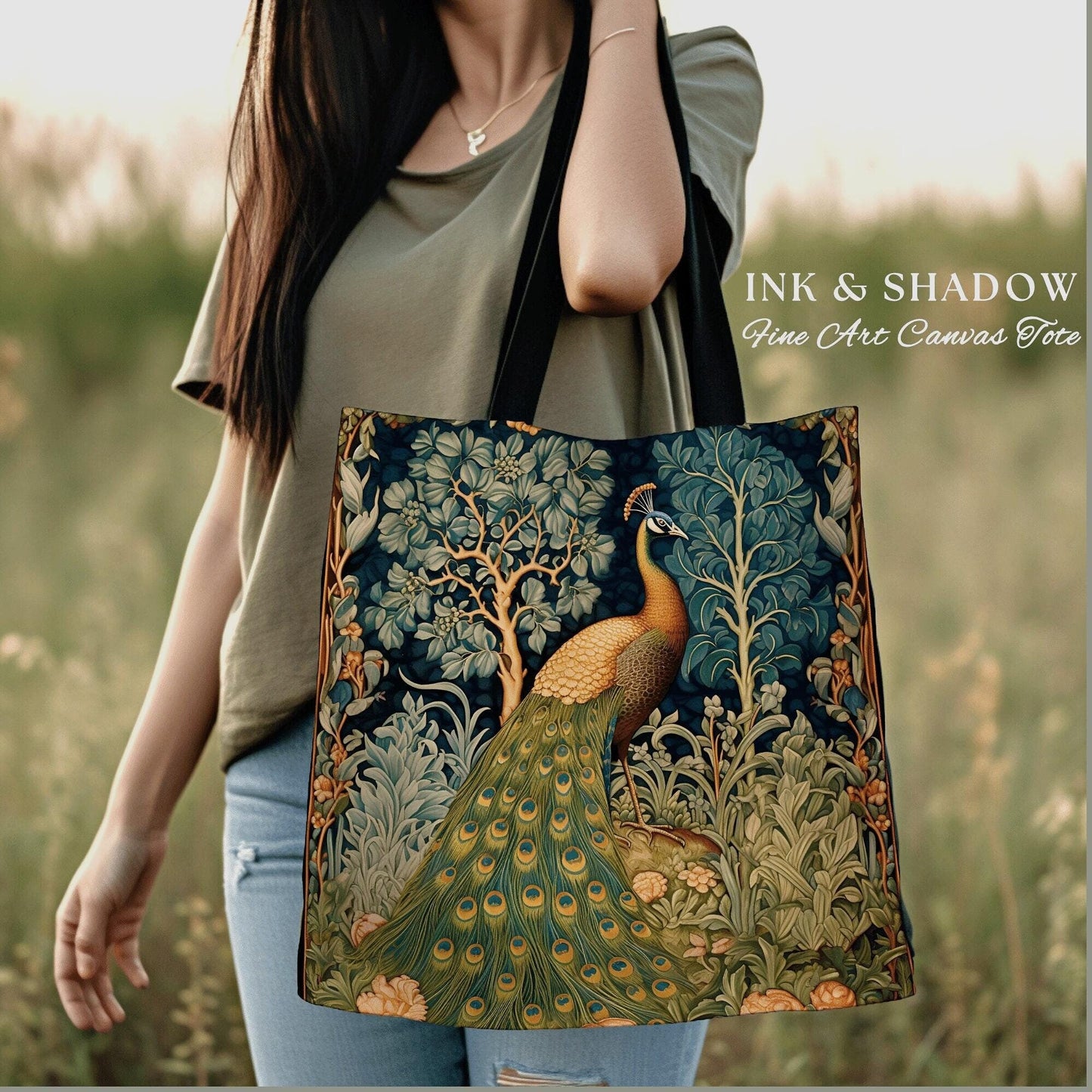 Botanical Fairy Grunge Peacock Tote Medieval Aesthetic Dark Cottagecore Whimsical Peacock Morris Inspired Tote Bag Forestcore Maximalist