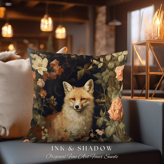 Ethereal Fox Pillow Botanical Gothic | Dark Academia William Morris Inspired Cushion Goth Aesthetic Medieval Woven Pillow Victorian Fox