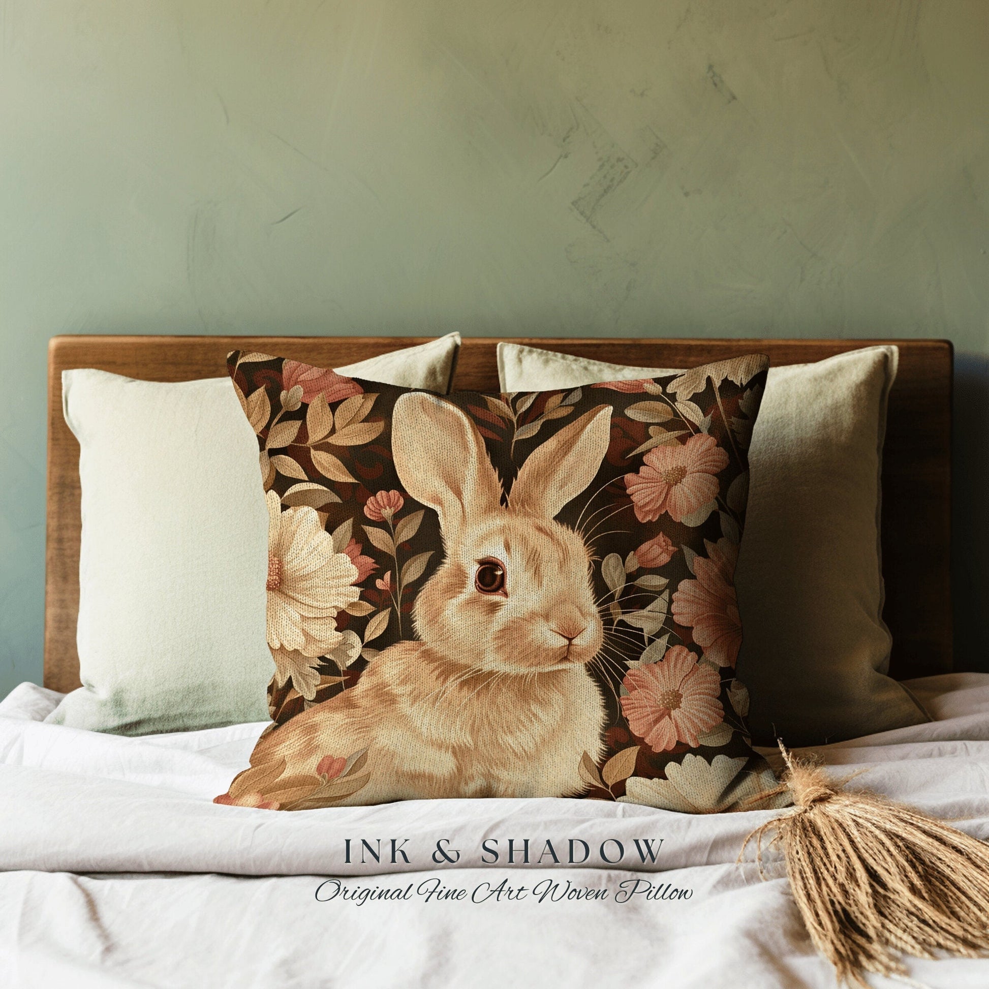 Spring Accent Pillow Floral | Woven Couch Cushion William Morris Throw Woodland Bunny Decor Botanical Rabbit Aesthetic Botanical Fairycore