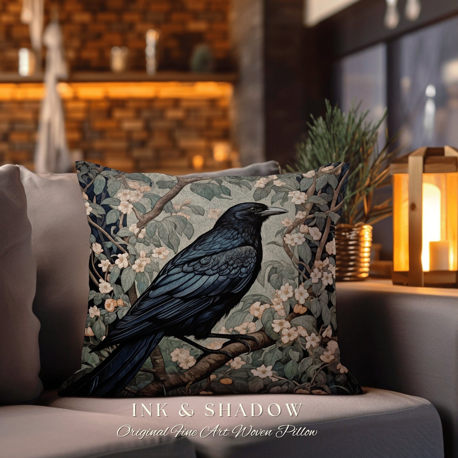 Raven Throw Pillow Woven | Gothic Pillow William Morris Art Pillow Raven Decor Crow Core Pillow Maximalist Rustic Pillow Dark Woodland Boho