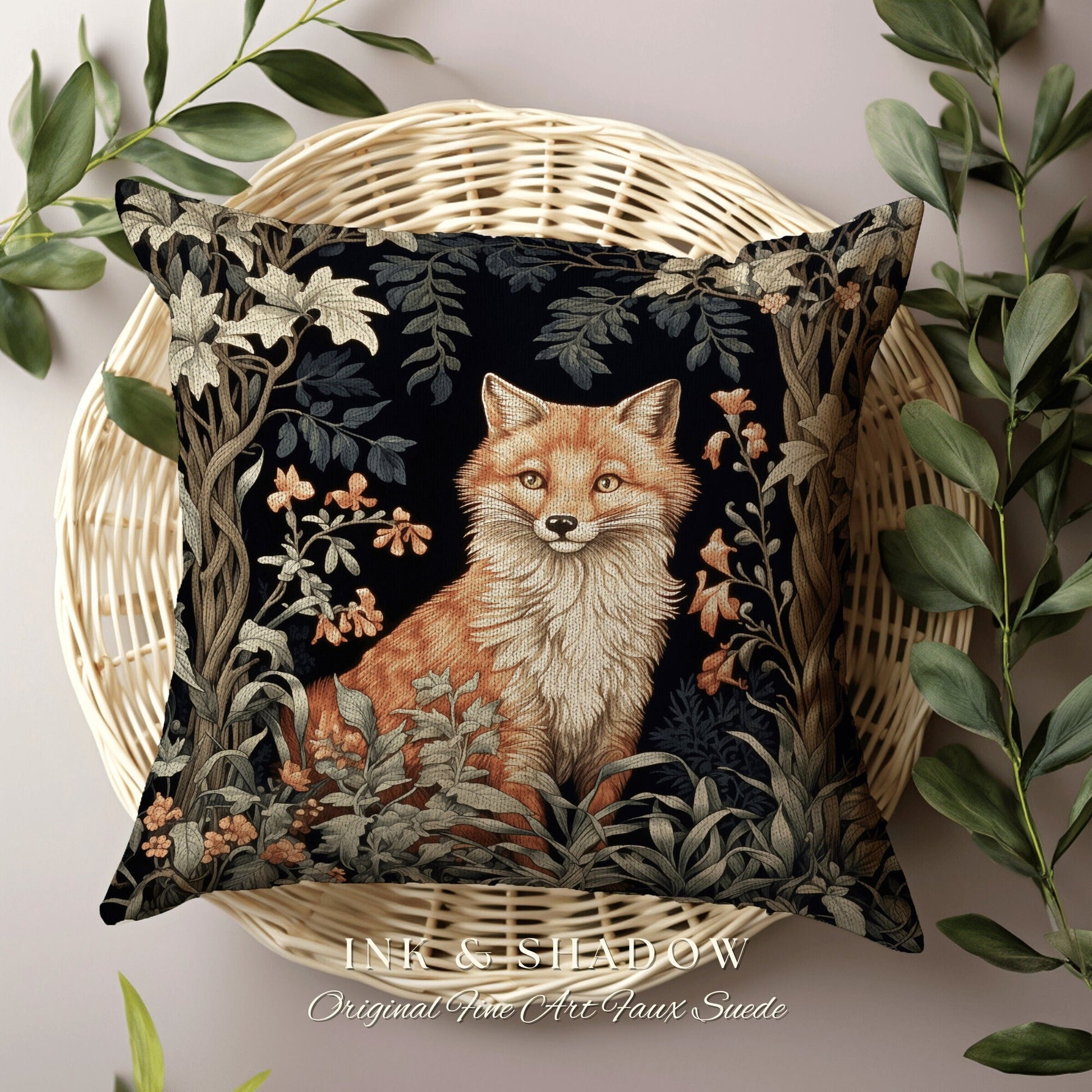 Fairycore Woven Throw Pillow | Dark Academia William Morris Inspired Pillow Aesthetic Medieval Woven Pillow Victorian Gothic Fox Botanical |