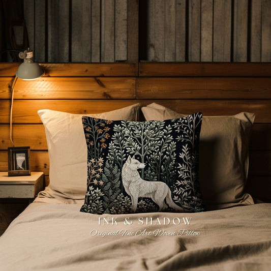 Nordic Wolf Throw Pillow | Scandinavian Aesthetic Rustic Woodland Boho Cottagecore Home Decor Crowcore Bedroom Botanical Nature Pillow |